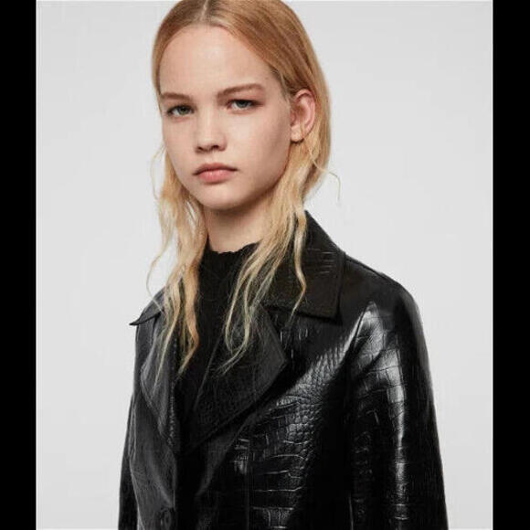 [SOLD] ALLSAINTS Wmn's Sz US 4 ALI MAC Croc Embossed Black Lambskin Leather Coat - Picture 10 of 11